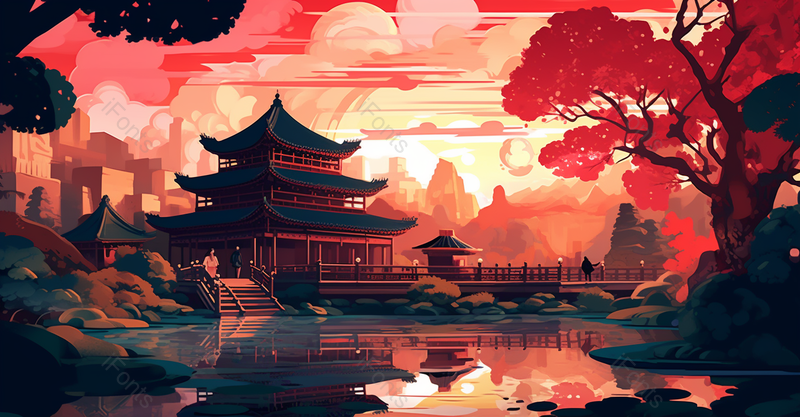 雨后天晴倒影红色渐变大气国潮风插画故宫远山祥云,插画/手绘图,插画/手绘图库,插画/手绘图下载,插画/手绘